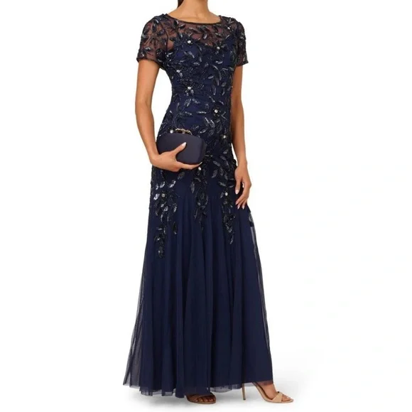 Adrianna Papell | Dresses | Adrianna Papell Midnight Blue Sequin Beaded Cap  Sleeve Vneck Formal Gown